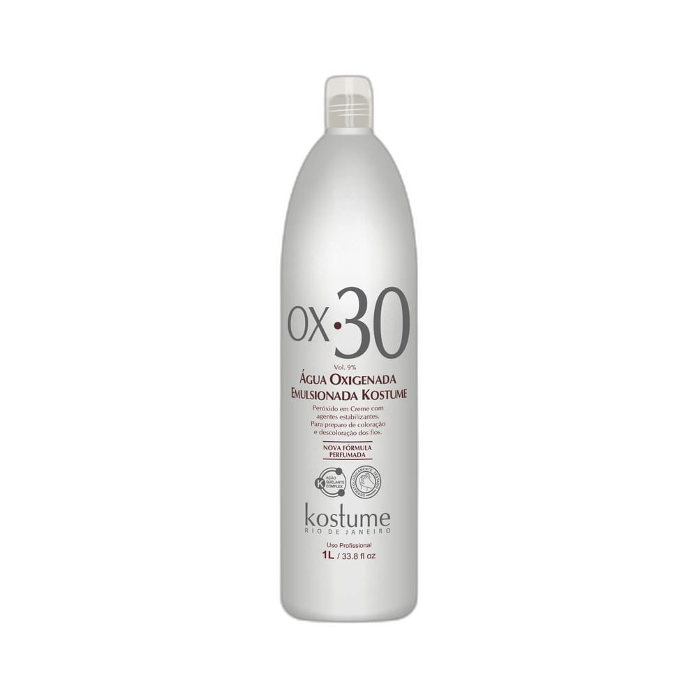 Água Oxigenada Emulsionada Kostume 30 Volumes 1L embalagem branca cilíndrica com tampa transparente